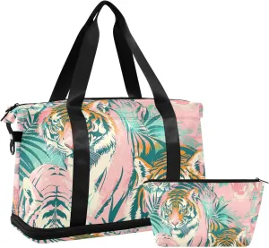Abstract Tiger Versatile Sports Travel Bag - Lasting Twill Tote, Removable Wheel & Rod Bagging, Multi-pocket Design, Complimentary Makeup Bag