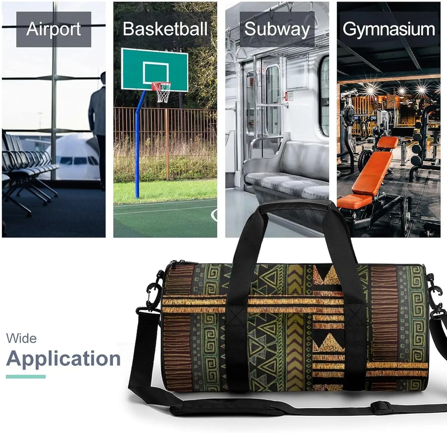 Afrocentric Tribal Motif Pattern Print Large Capacity Portable Cylindrical Fitness Bag