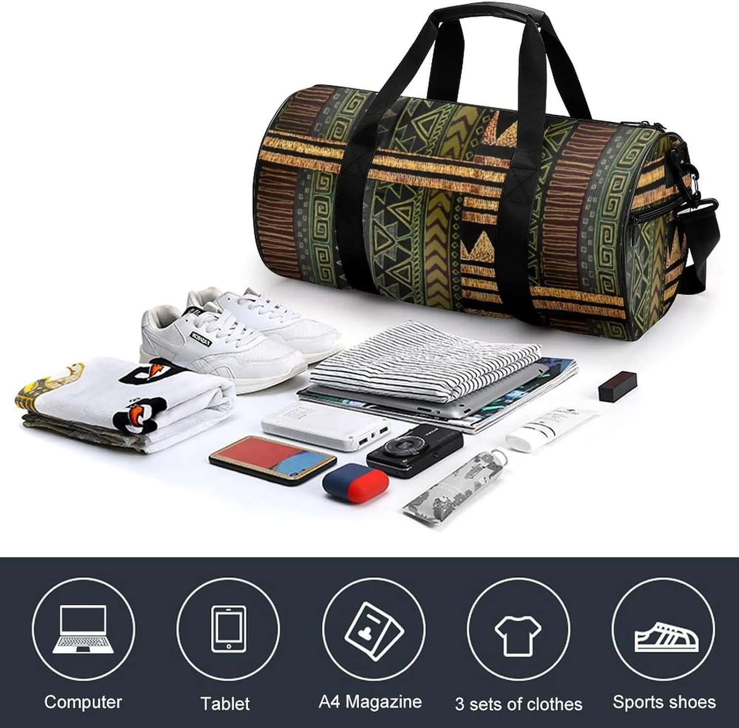 Afrocentric Tribal Motif Pattern Print Large Capacity Portable Cylindrical Fitness Bag