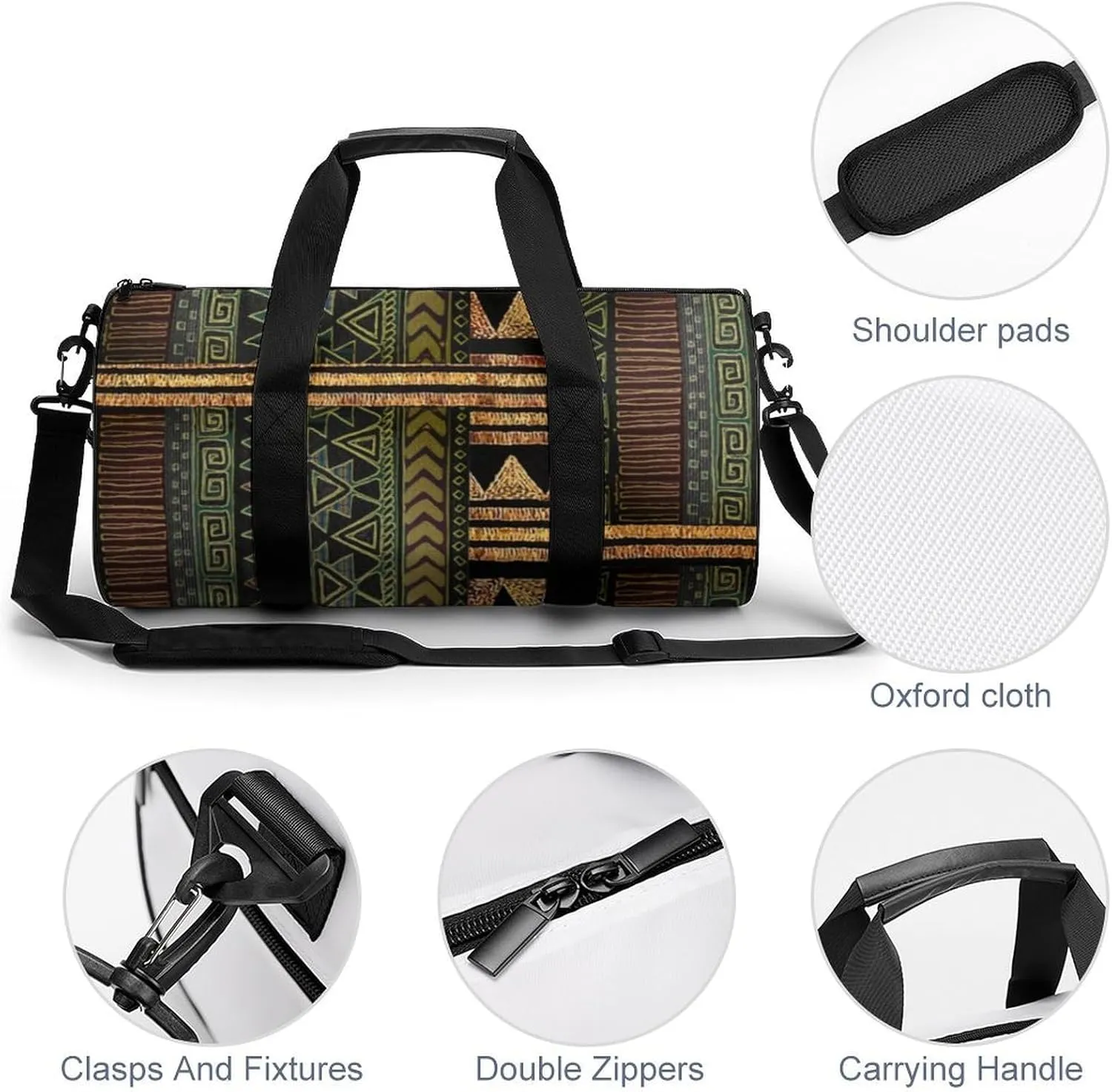 Afrocentric Tribal Motif Pattern Print Large Capacity Portable Cylindrical Fitness Bag