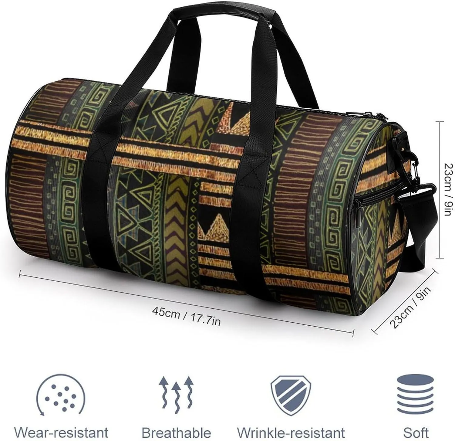 Afrocentric Tribal Motif Pattern Print Large Capacity Portable Cylindrical Fitness Bag