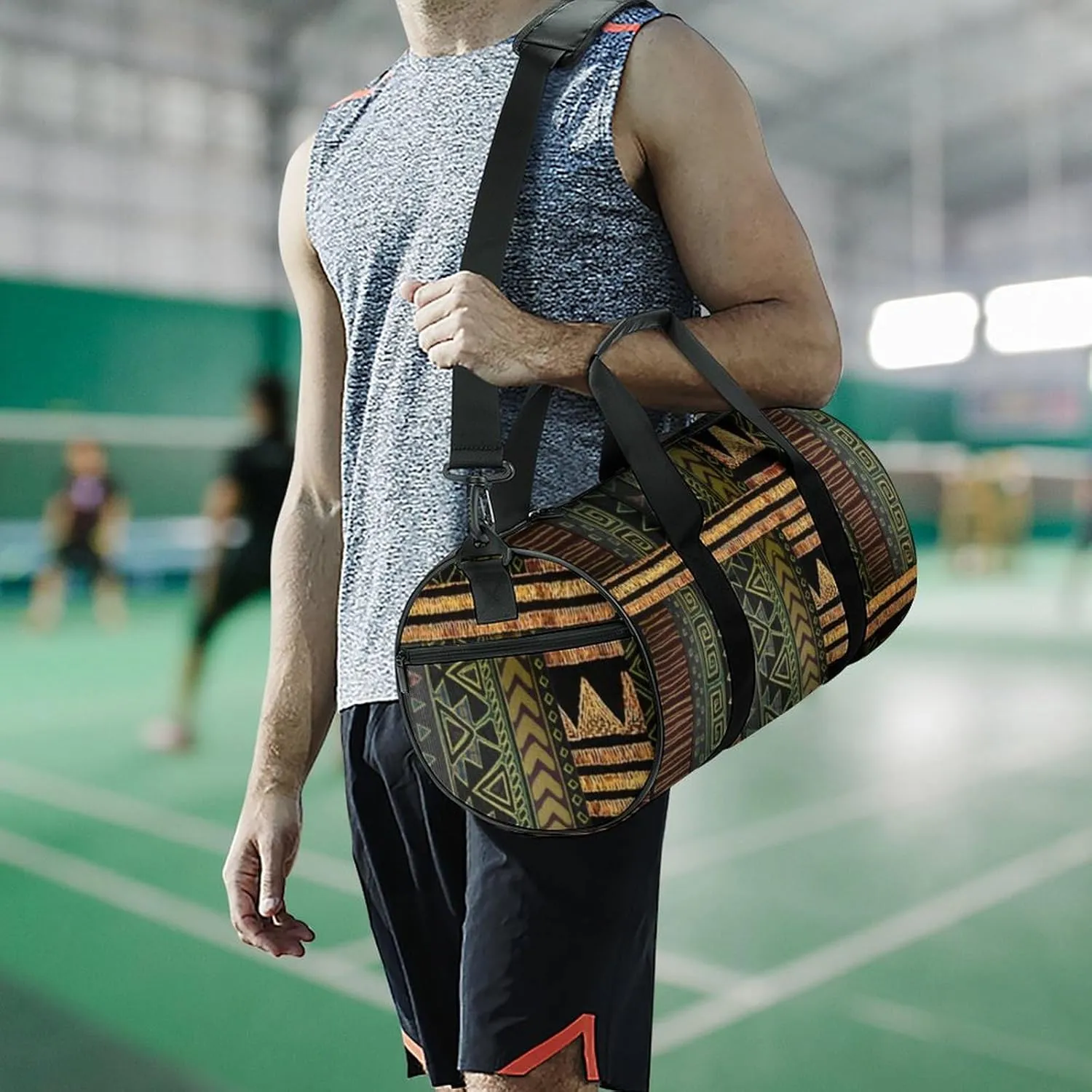 Afrocentric Tribal Motif Pattern Print Large Capacity Portable Cylindrical Fitness Bag