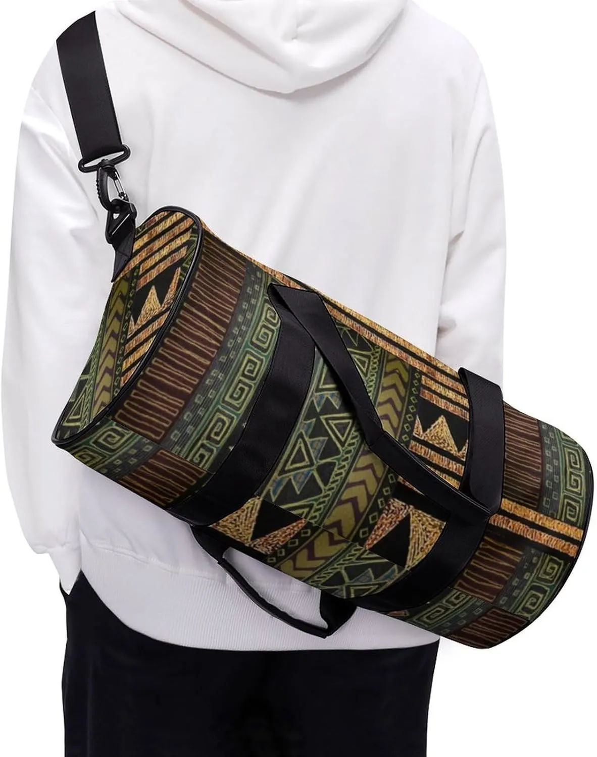 Afrocentric Tribal Motif Pattern Print Large Capacity Portable Cylindrical Fitness Bag