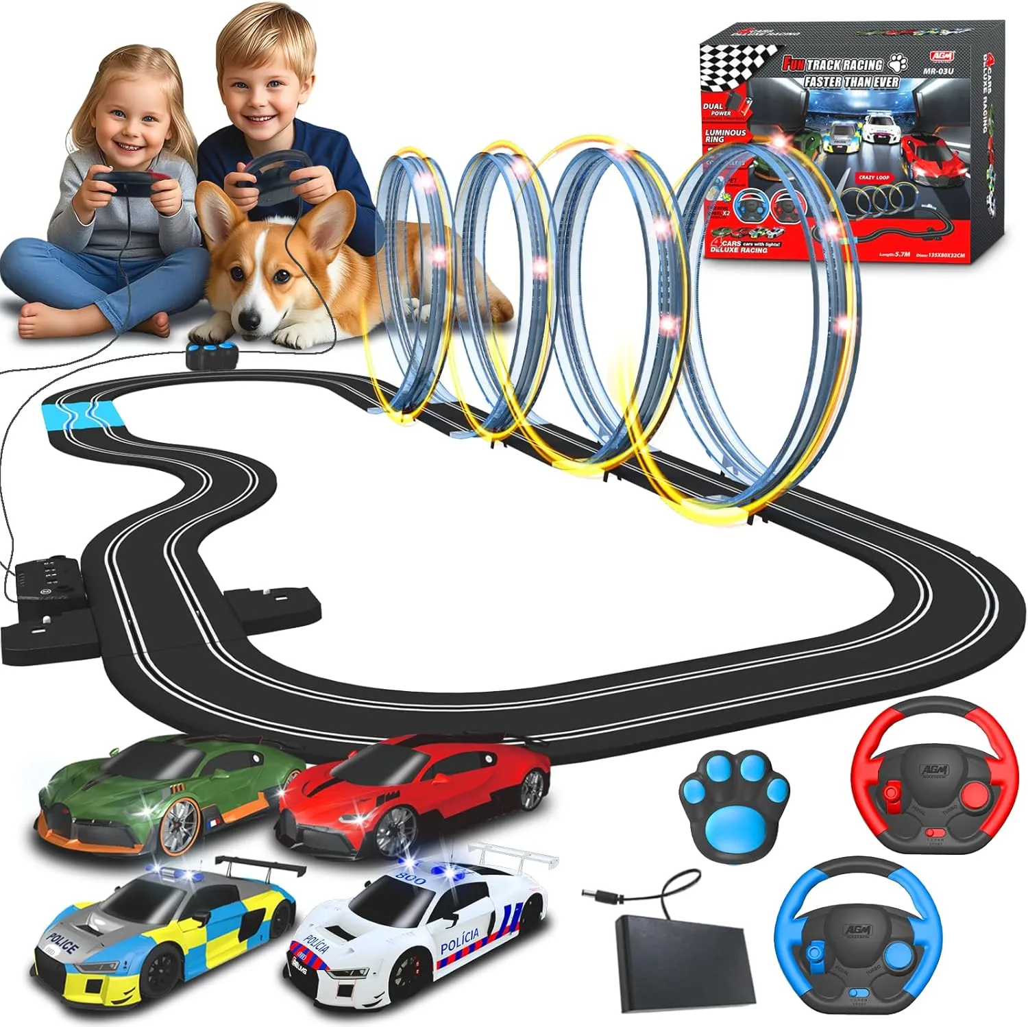 AGM MASTECH 18.7ft Slot Car Race Track Set,4 Official Licensed Light-Up Cars, Steering Wheel&Paw Controllers, Adjustable Speed, 4 Flashing Loop Tracks, Dual Power Modes, for Kids 8 , Family Racing Fun