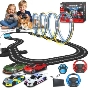 AGM MASTECH 18.7ft Slot Car Race Track Set,4 Official Licensed Light-Up Cars, Steering Wheel&Paw Controllers, Adjustable Speed, 4 Flashing Loop Tracks, Dual Power Modes, for Kids 8 , Family Racing Fun