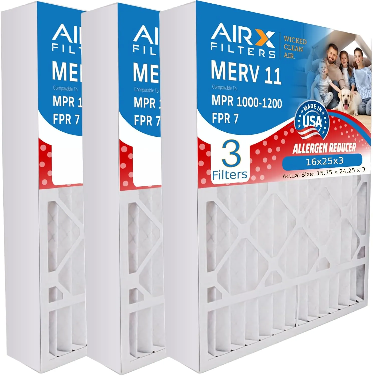 AIRX FILTERS WICKED CLEAN AIR. 16x25x3 Air Filter MERV 11 Compatible with Lennox X0581 Air Filter 3 Pack