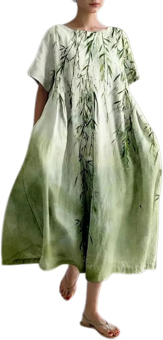 Akivide Womens Baggy Oversized Boho Floral Cotton Maxi Dress Summer Casual Loose Flowy Long Dress Plus Size