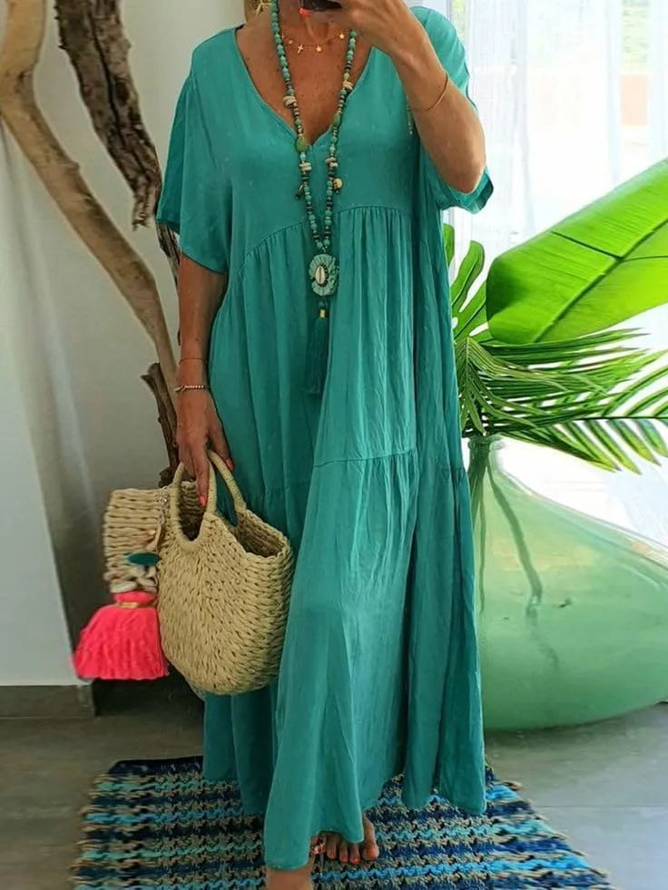Akivide Womens Oversized Baggy Flowy Cotton Linen Maxi Dresses Summer Beach V Neck Casual Loose Floor Length Long Dress
