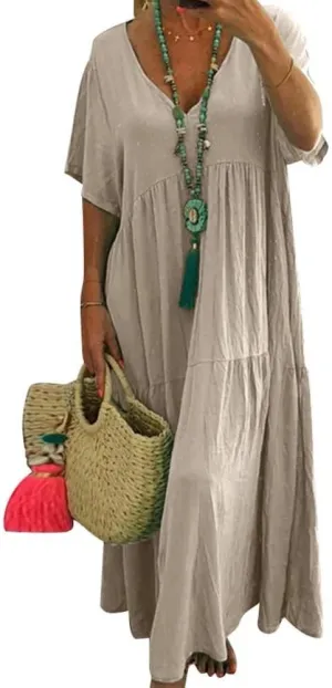 Akivide Womens Oversized Baggy Flowy Cotton Linen Maxi Dresses Summer Beach V Neck Casual Loose Floor Length Long Dress