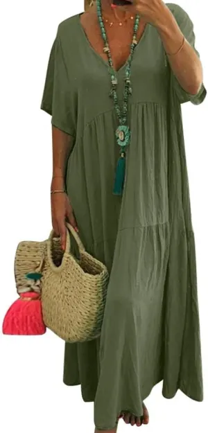 Akivide Womens Oversized Baggy Flowy Cotton Linen Maxi Dresses Summer Beach V Neck Casual Loose Floor Length Long Dress