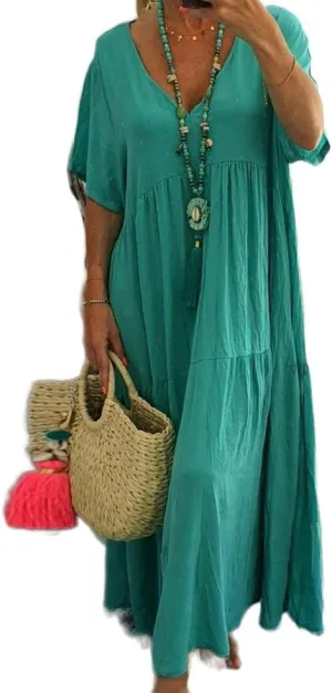 Akivide Womens Oversized Baggy Flowy Cotton Linen Maxi Dresses Summer Beach V Neck Casual Loose Floor Length Long Dress