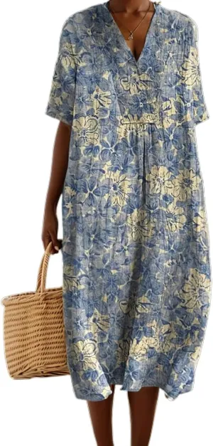 Akivide Womens Summer Oversized Baggy Boho Floral V Neck Midi Dresses Casual Loose Long Dresses with Pockets