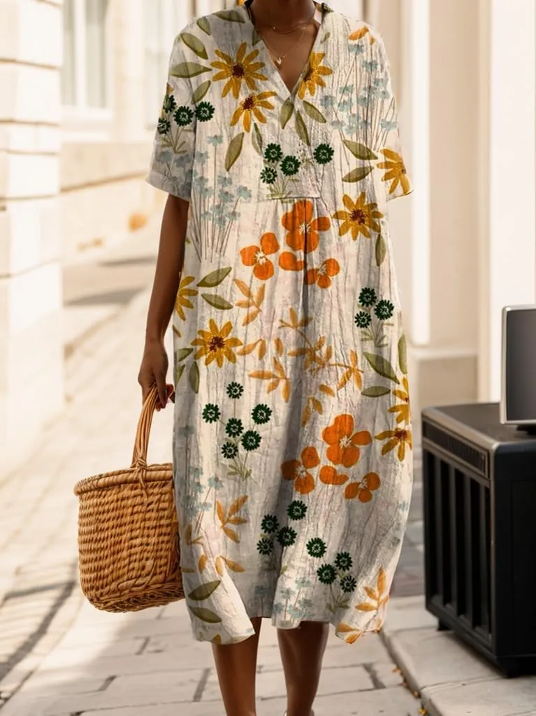 Akivide Womens Summer Oversized Baggy Boho Floral V Neck Midi Dresses Casual Loose Long Dresses with Pockets