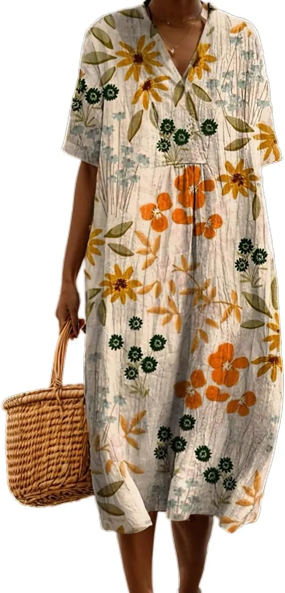 Akivide Womens Summer Oversized Baggy Boho Floral V Neck Midi Dresses Casual Loose Long Dresses with Pockets