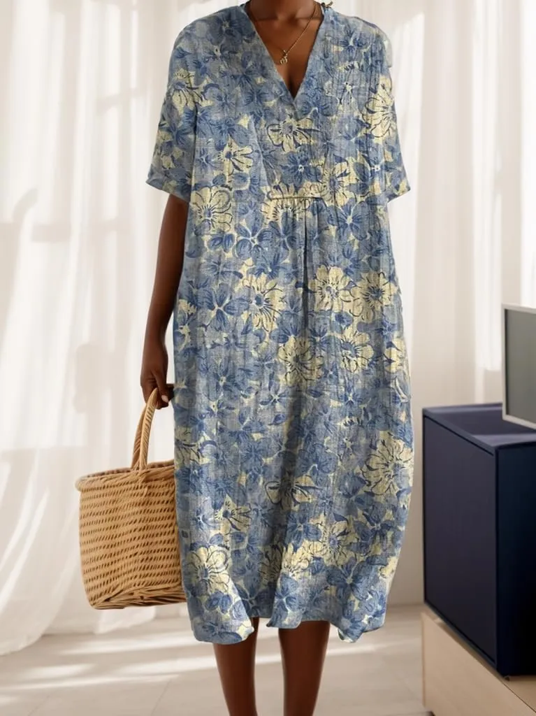 Akivide Womens Summer Oversized Baggy Boho Floral V Neck Midi Dresses Casual Loose Long Dresses with Pockets