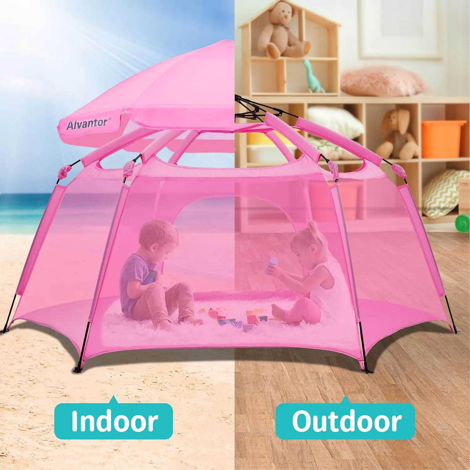 Alvantor Pop Up Playpen- 7'x7'x44”Baby Playpen Large Kids Play Tent Portable and Foldable Playpen Indoor/Outdoor Play Yard with Protective Mesh, UV SPF 50  Sunshade, and Soft Foam Floor, Pink