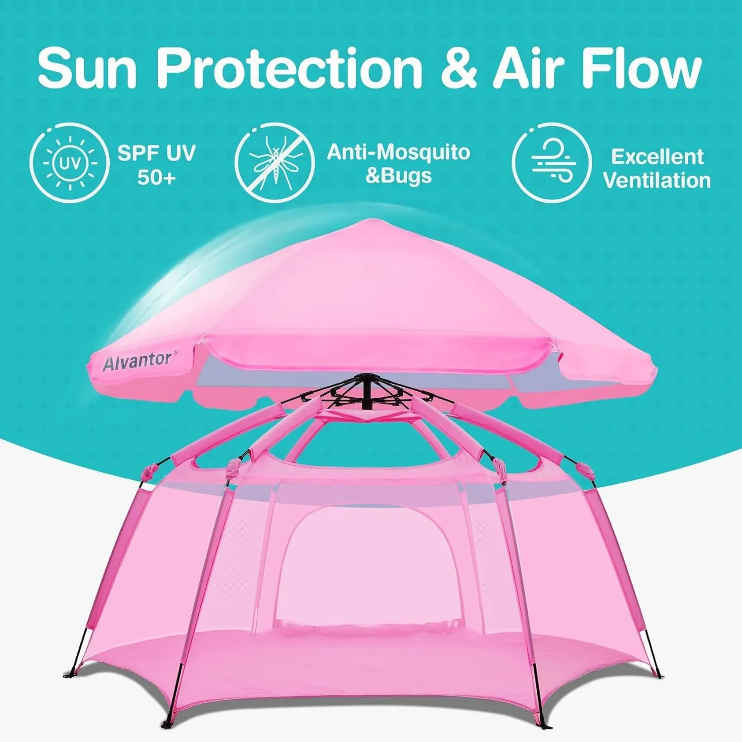 Alvantor Pop Up Playpen- 7'x7'x44”Baby Playpen Large Kids Play Tent Portable and Foldable Playpen Indoor/Outdoor Play Yard with Protective Mesh, UV SPF 50  Sunshade, and Soft Foam Floor, Pink