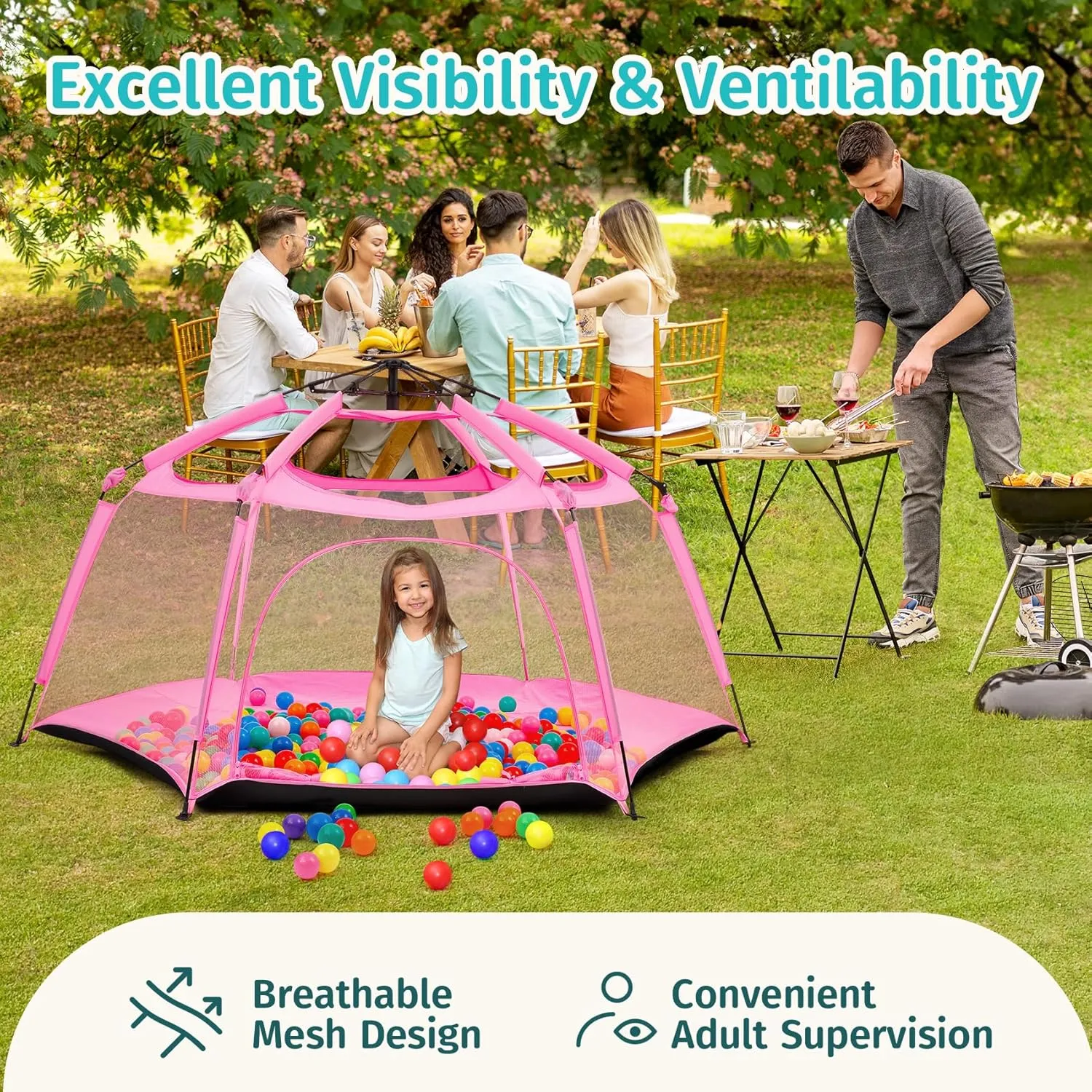 Alvantor Pop Up Playpen- 7'x7'x44”Baby Playpen Large Kids Play Tent Portable and Foldable Playpen Indoor/Outdoor Play Yard with Protective Mesh, UV SPF 50  Sunshade, and Soft Foam Floor, Pink