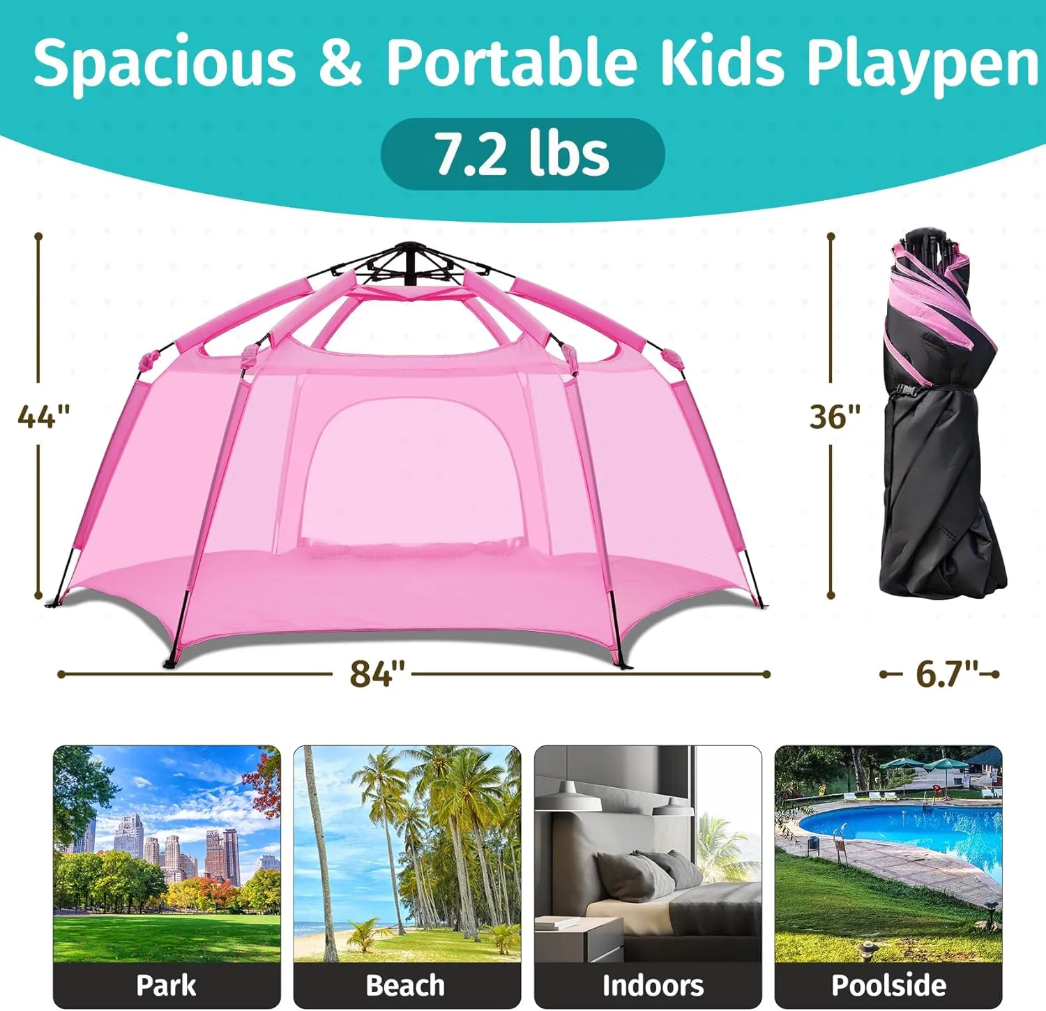 Alvantor Pop Up Playpen- 7'x7'x44”Baby Playpen Large Kids Play Tent Portable and Foldable Playpen Indoor/Outdoor Play Yard with Protective Mesh, UV SPF 50  Sunshade, and Soft Foam Floor, Pink