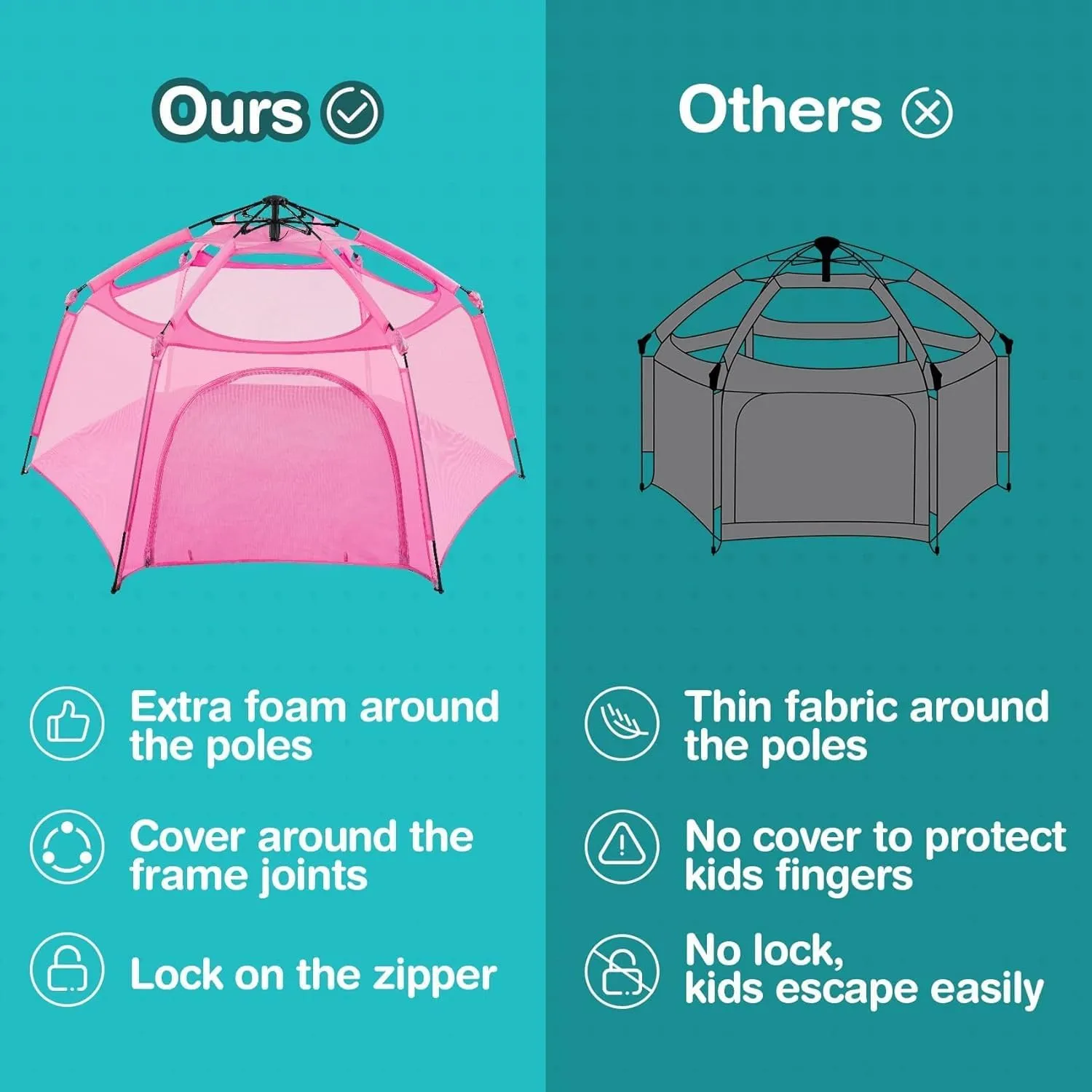Alvantor Pop Up Playpen- 7'x7'x44”Baby Playpen Large Kids Play Tent Portable and Foldable Playpen Indoor/Outdoor Play Yard with Protective Mesh, UV SPF 50  Sunshade, and Soft Foam Floor, Pink