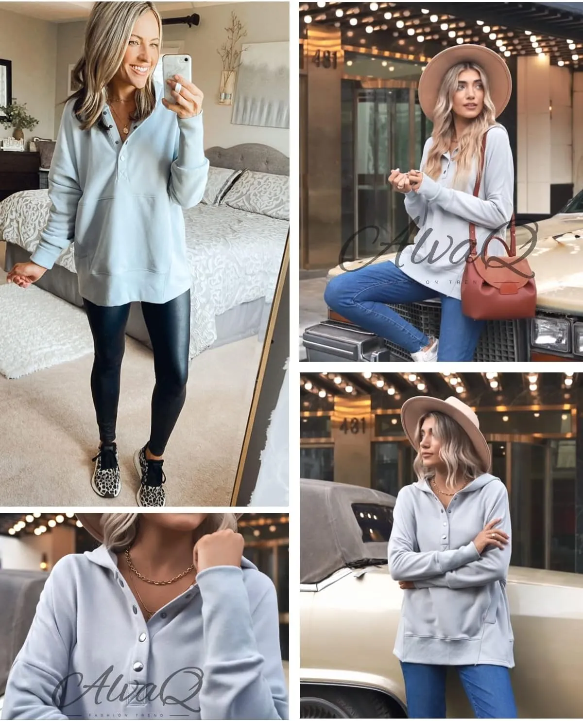AlvaQ Women Casual Button V Neck Hoodies Oversized Pullover Sweatshirt Hooded Tops with Pockets