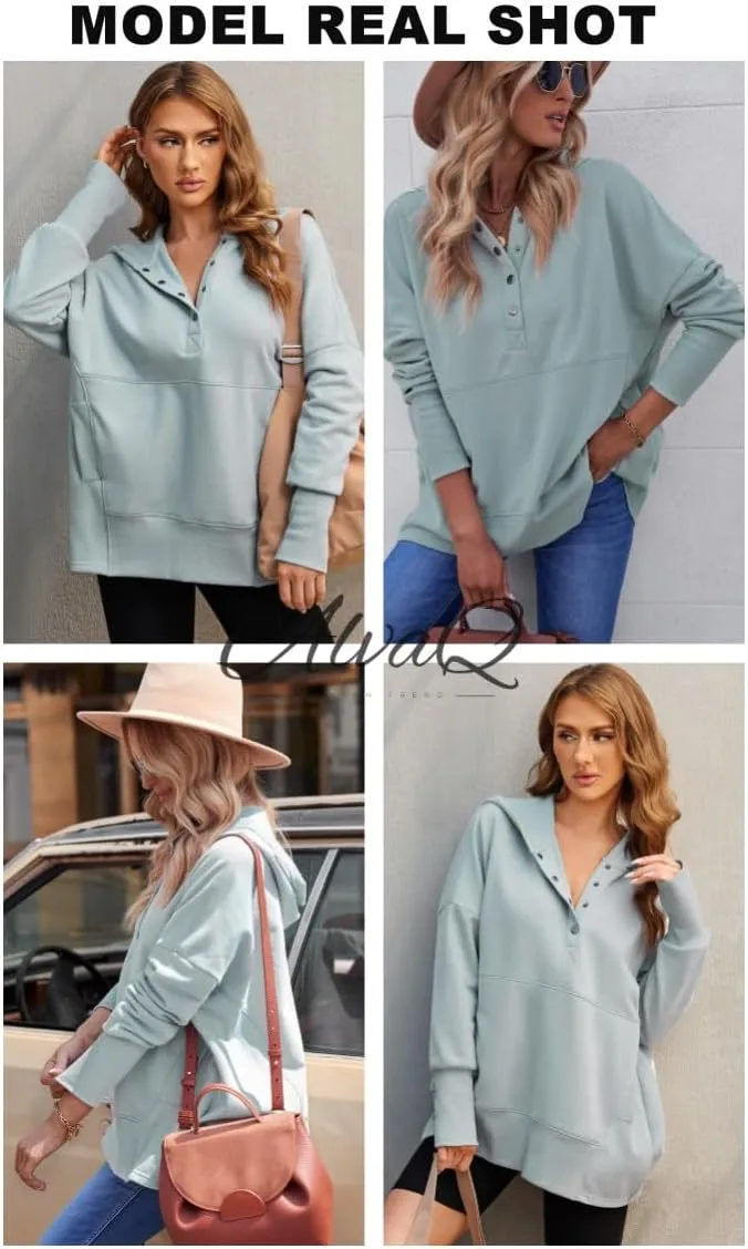 AlvaQ Women Casual Button V Neck Hoodies Oversized Pullover Sweatshirt Hooded Tops with Pockets