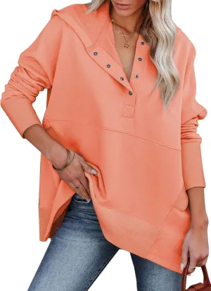 AlvaQ Women Casual Button V Neck Hoodies Oversized Pullover Sweatshirt Hooded Tops with Pockets