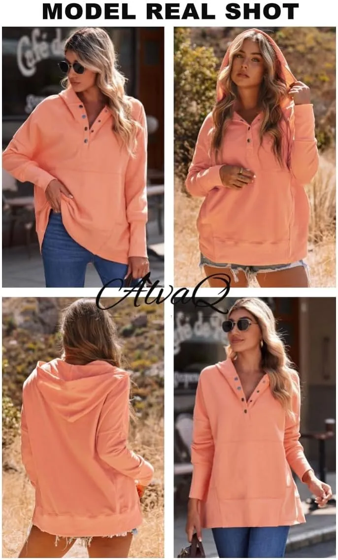 AlvaQ Women Casual Button V Neck Hoodies Oversized Pullover Sweatshirt Hooded Tops with Pockets