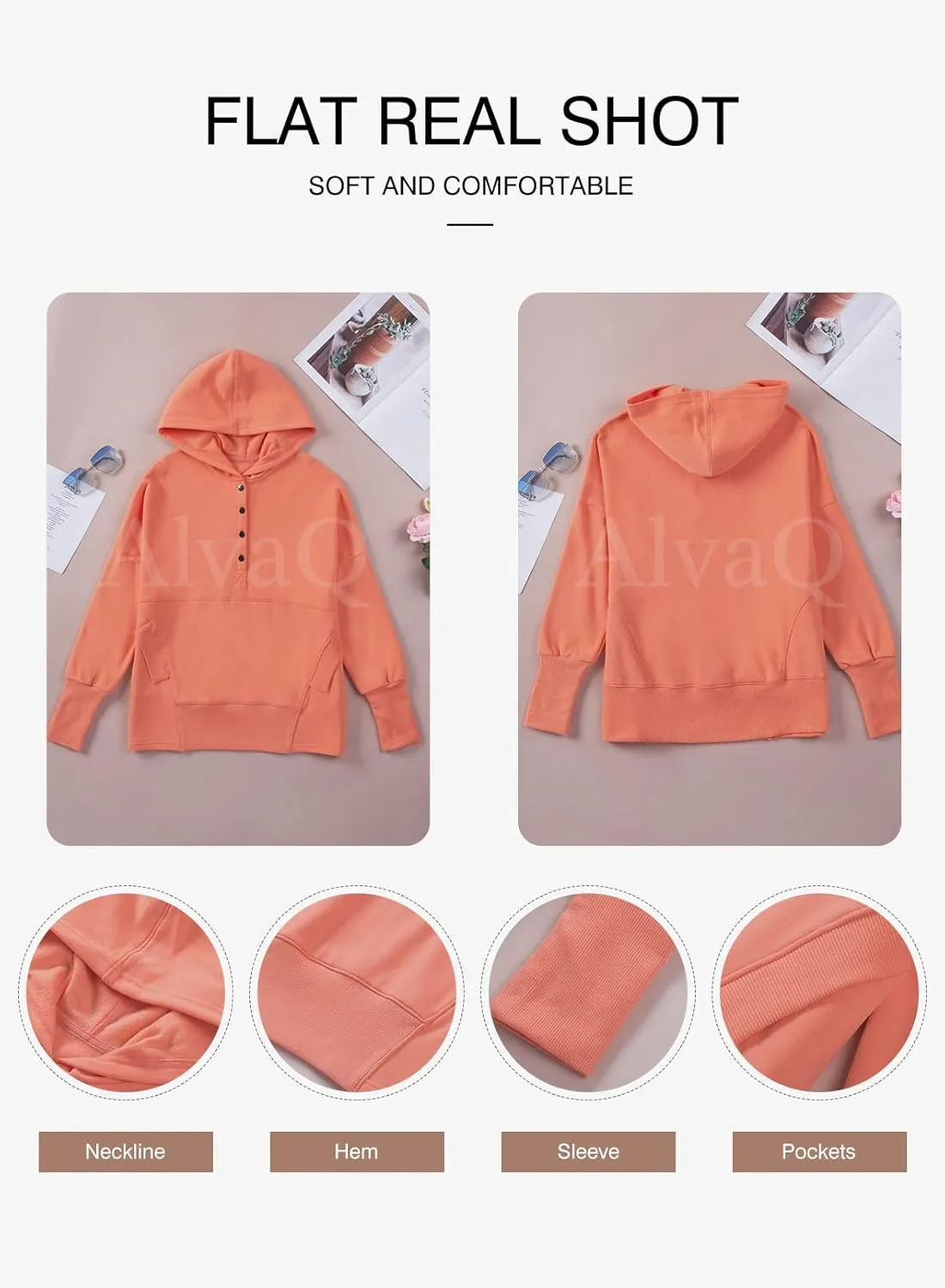 AlvaQ Women Casual Button V Neck Hoodies Oversized Pullover Sweatshirt Hooded Tops with Pockets
