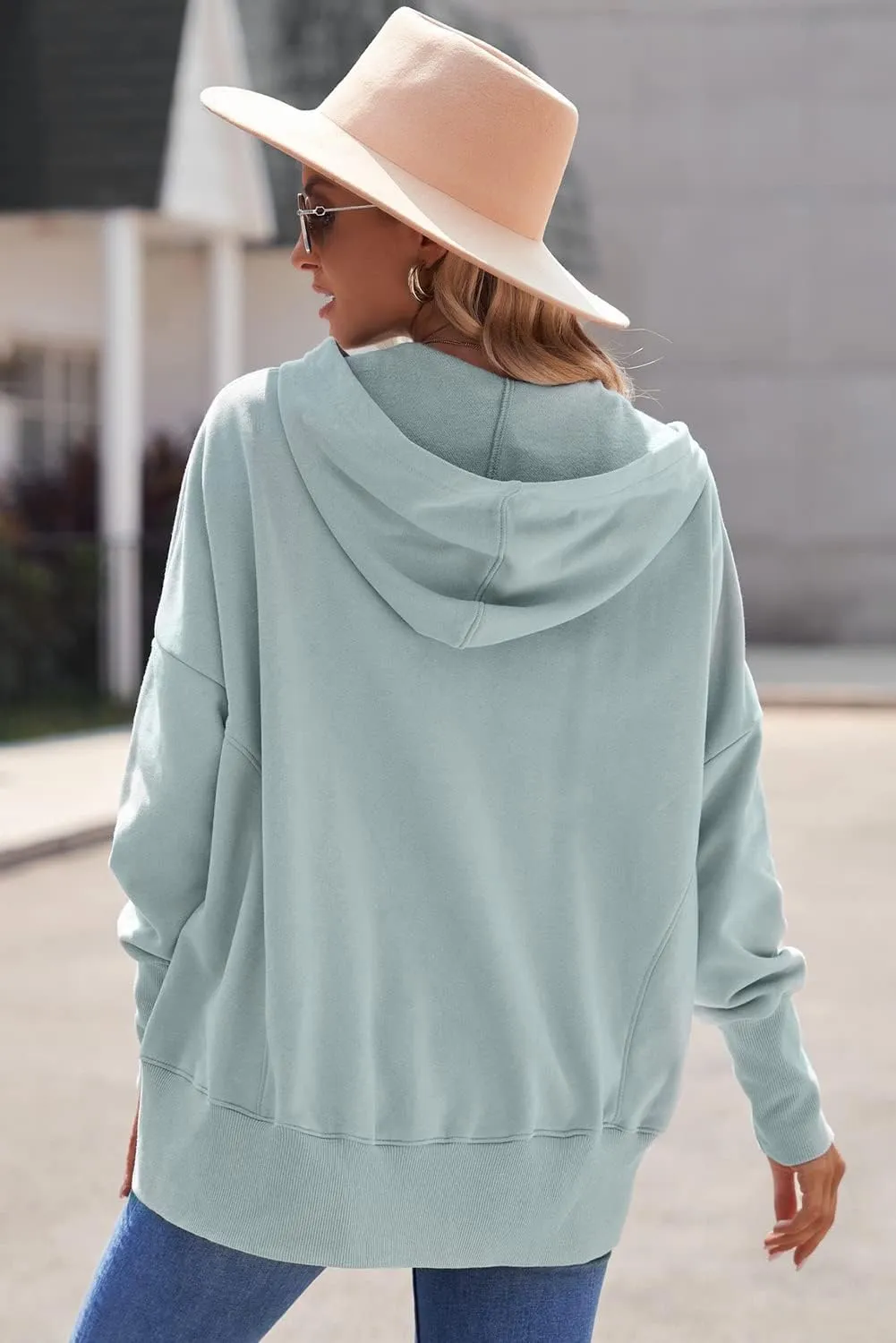 AlvaQ Women Casual Button V Neck Hoodies Oversized Pullover Sweatshirt Hooded Tops with Pockets