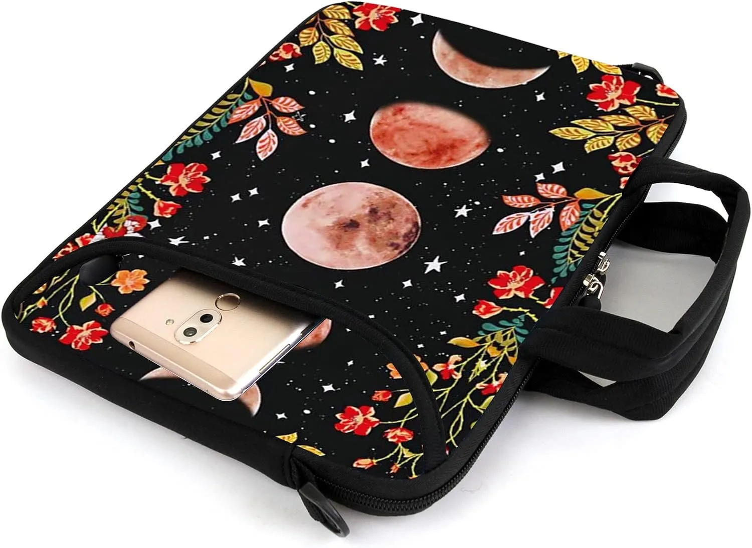 AMARY 15.4" 15.6" laptop sleeve adjustable shoulder strap with handle accessory pocket for men women (Flowers Moon)