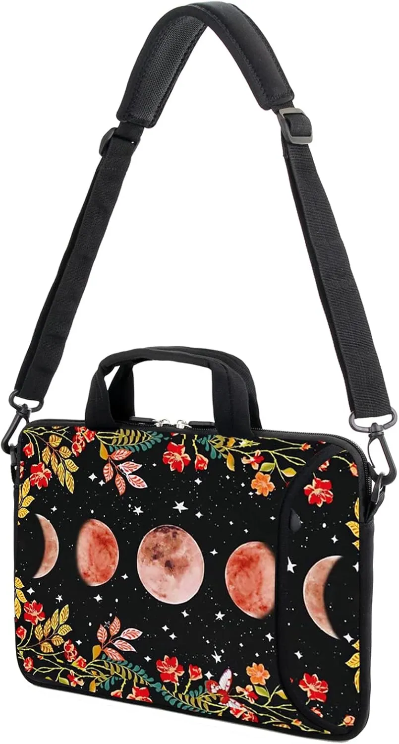 AMARY 15.4" 15.6" laptop sleeve adjustable shoulder strap with handle accessory pocket for men women (Flowers Moon)