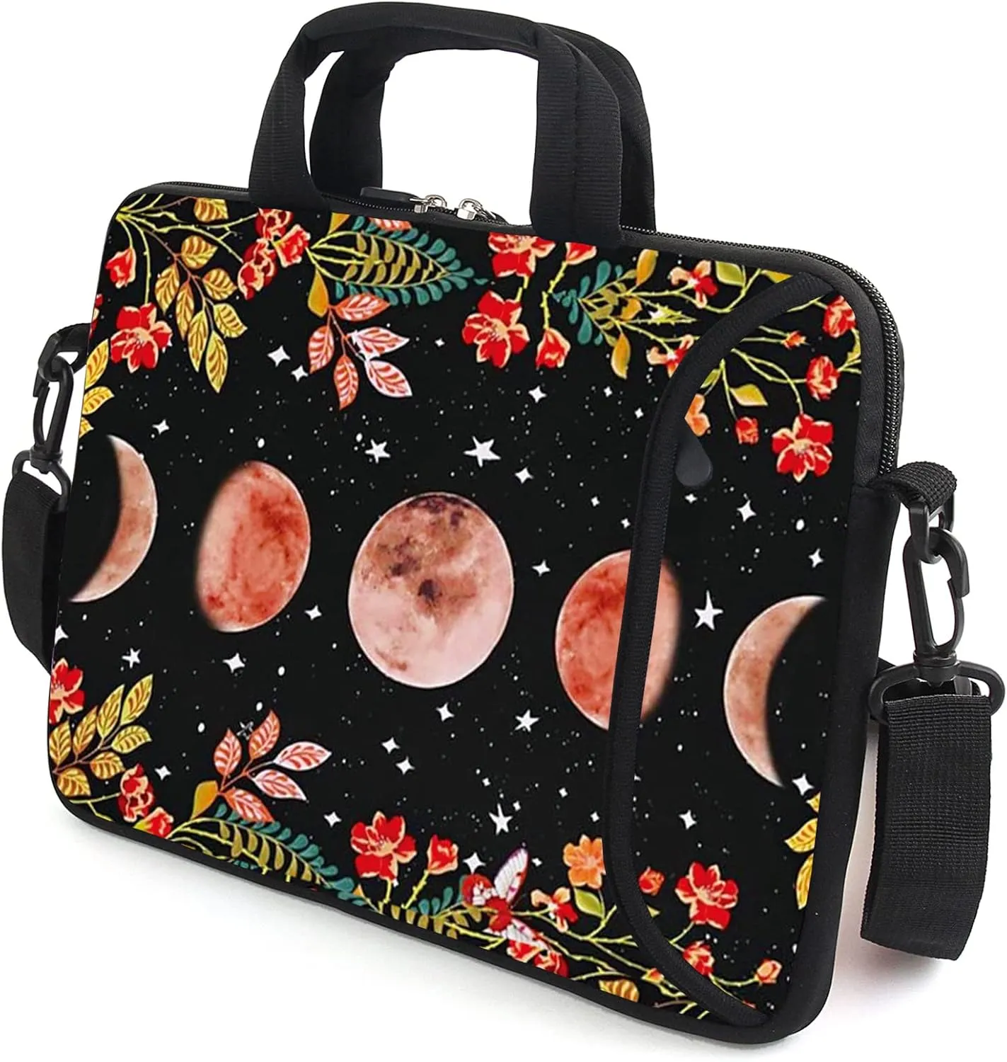 AMARY 15.4" 15.6" laptop sleeve adjustable shoulder strap with handle accessory pocket for men women (Flowers Moon)