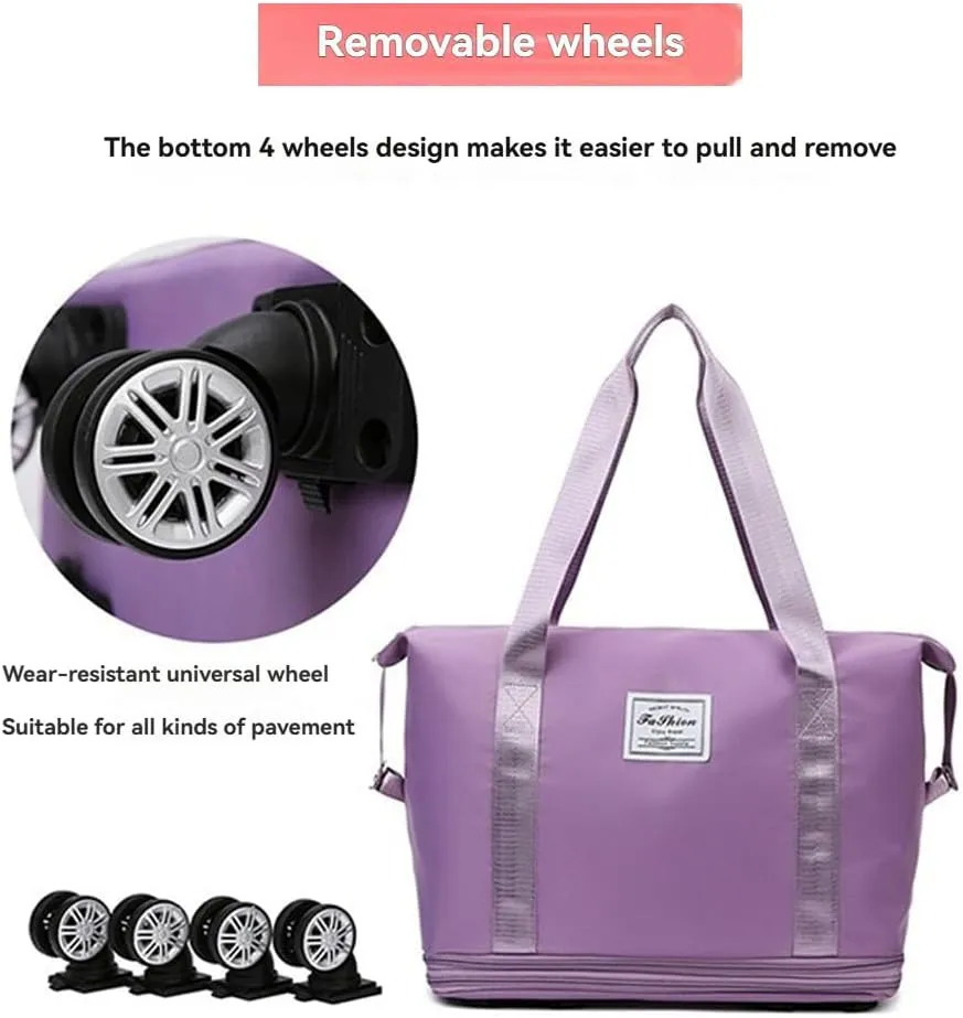 Ambitionous 2025 New Large Capacity Travel Bag - Universal Wheel Removable, Pepepo Travel Bag with Wheels, Foldable Dry Wet Separated Tote Bag with 360 Degrees Silent Universal Wheels (Black)
