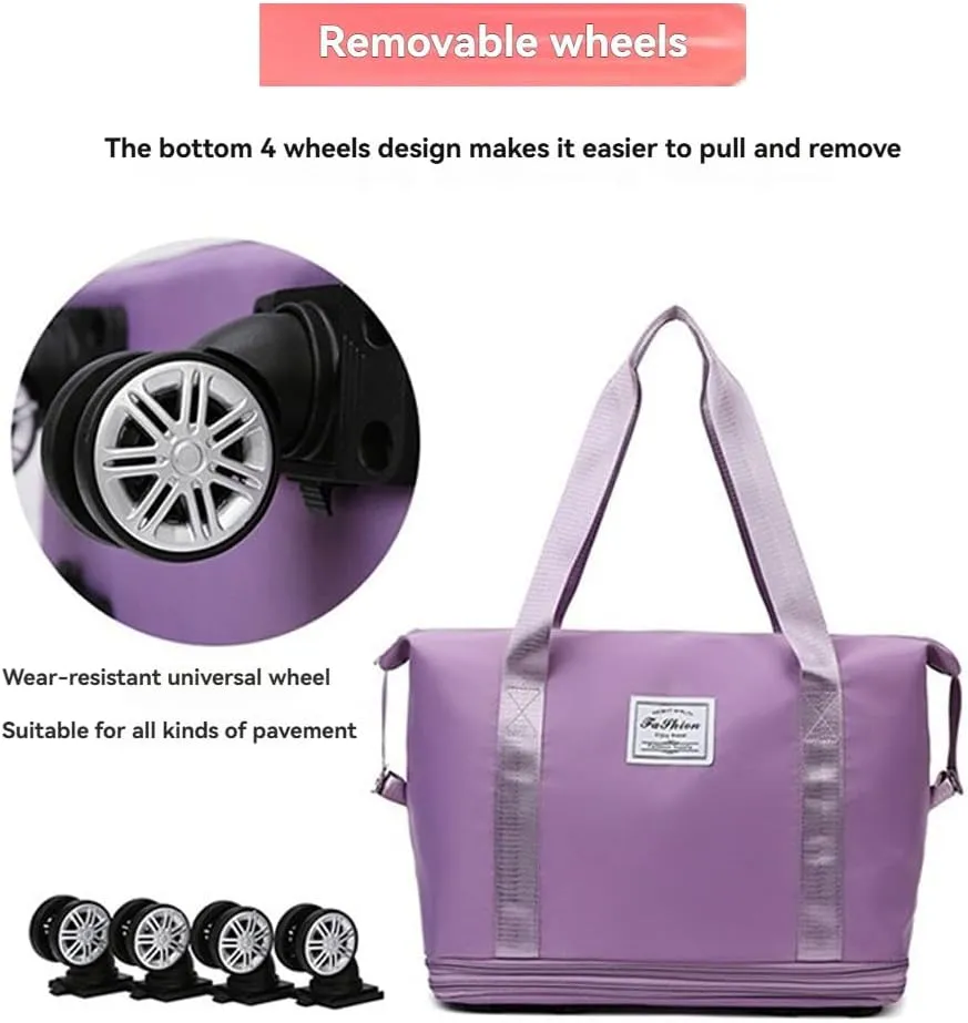 Ambitionous 2025 New Large Capacity Travel Bag - Universal Wheel Removable, Pepepo Travel Bag with Wheels, Foldable Dry Wet Separated Tote Bag with 360 Degrees Silent Universal Wheels (Blue)
