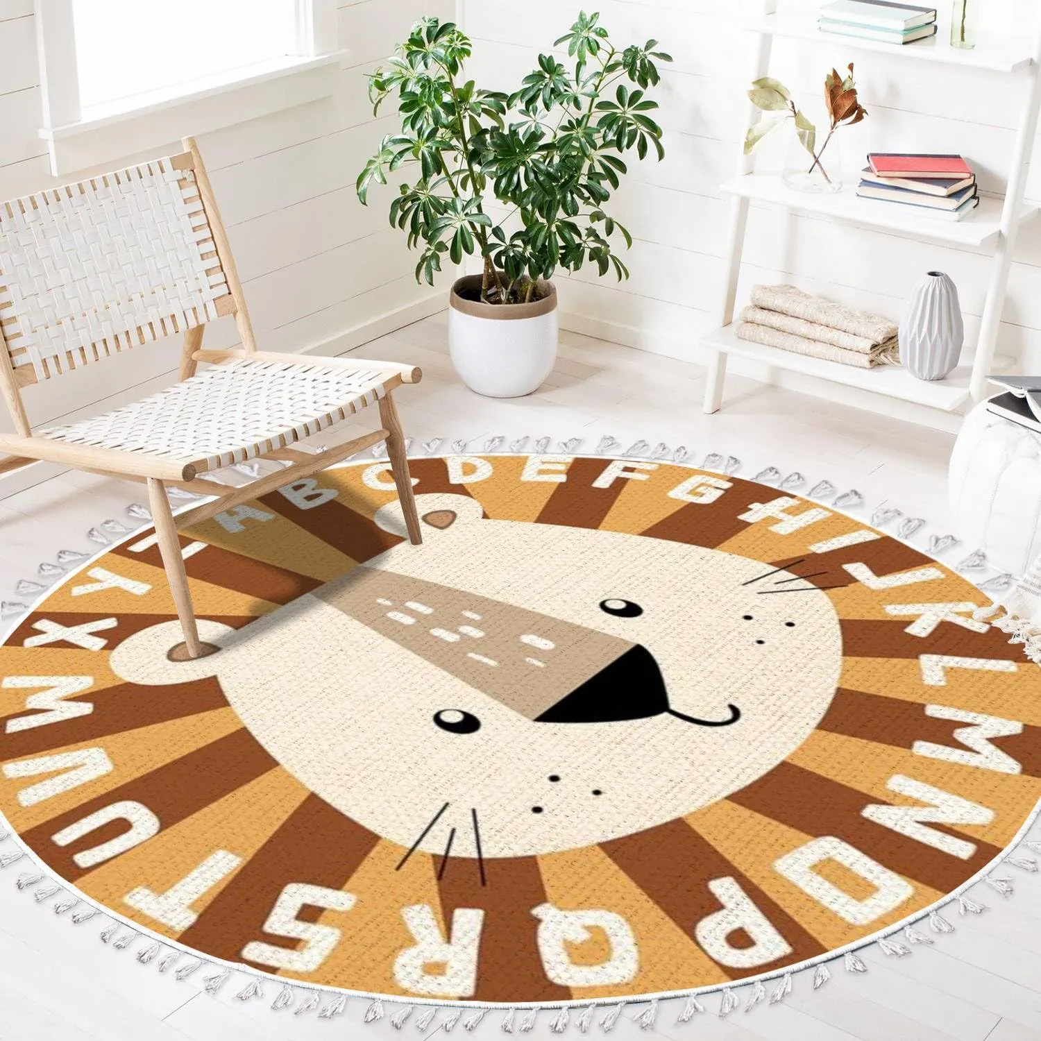 Animal Theme Round Rugs Boho Area Rug Lion Play Mat Linen and Cotton Carpet Alphabet Educational Rug Non-Slip Washable Hallway Runner Mat Accent Rug for Boys Girls Floor Bedroom Nursery Carpet 4ft