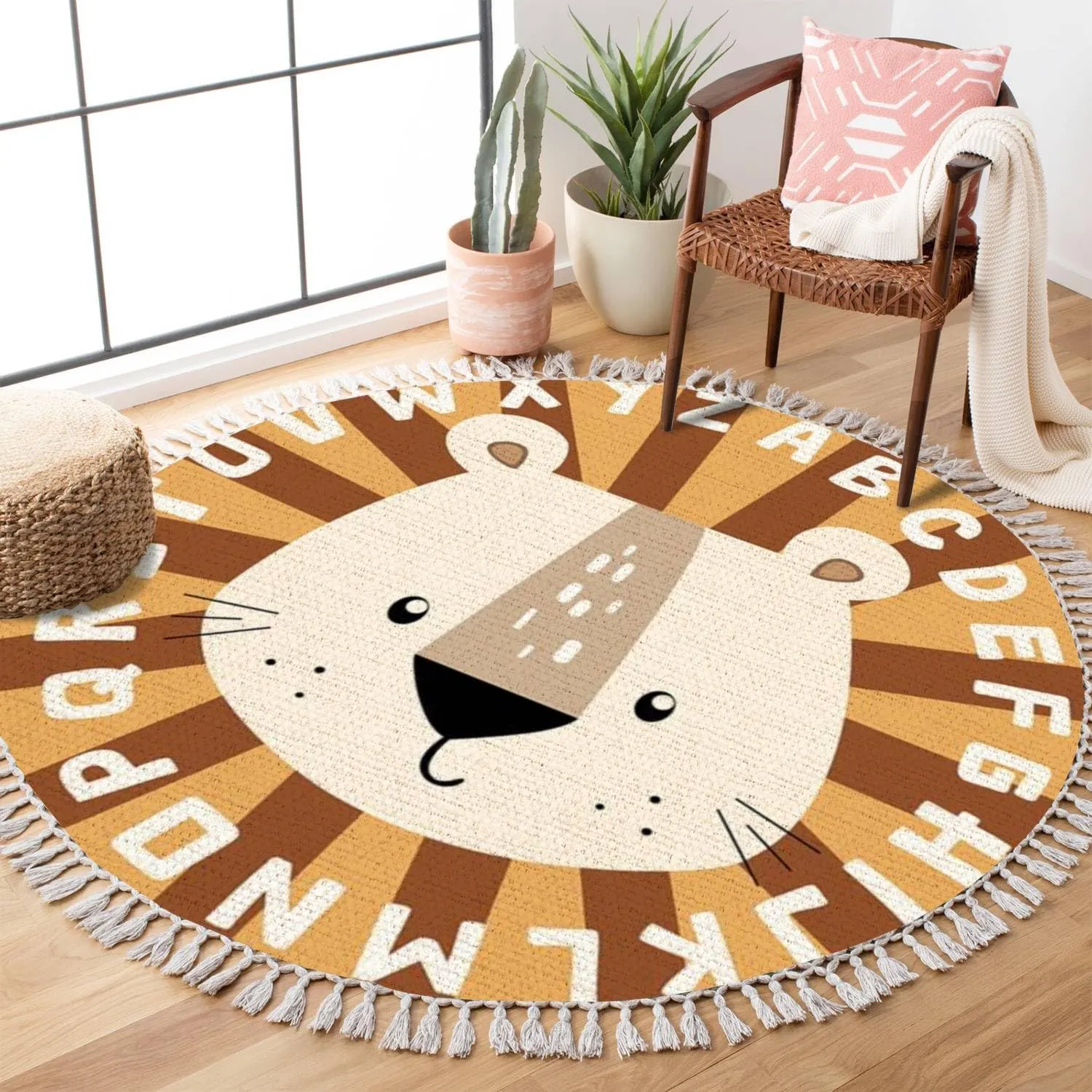 Animal Theme Round Rugs Boho Area Rug Lion Play Mat Linen and Cotton Carpet Alphabet Educational Rug Non-Slip Washable Hallway Runner Mat Accent Rug for Boys Girls Floor Bedroom Nursery Carpet 4ft