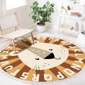 Animal Theme Round Rugs Boho Area Rug Lion Play Mat Linen and Cotton Carpet Alphabet Educational Rug Non-Slip Washable Hallway Runner Mat Accent Rug for Boys Girls Floor Bedroom Nursery Carpet 4ft