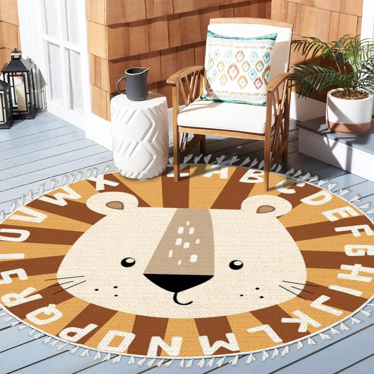 Animal Theme Round Rugs Boho Area Rug Lion Play Mat Linen and Cotton Carpet Alphabet Educational Rug Non-Slip Washable Hallway Runner Mat Accent Rug for Boys Girls Floor Bedroom Nursery Carpet 4ft