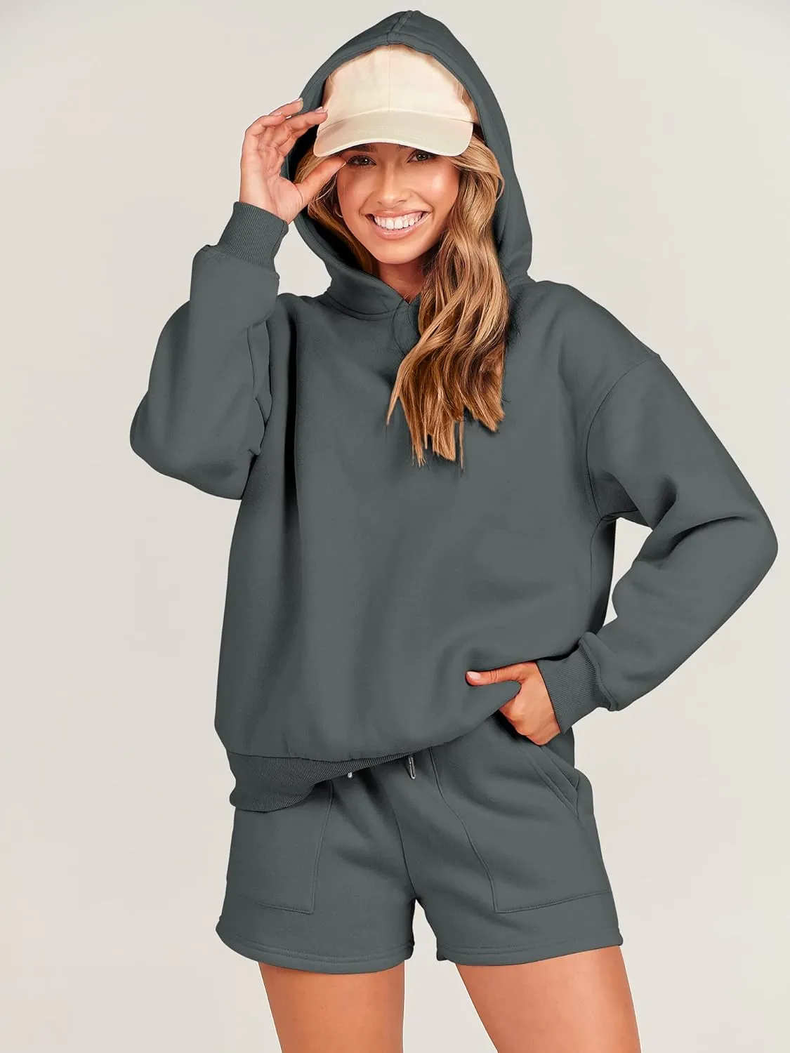 ANRABESS Women 2 Piece Outfit Oversized Hoodie Sweatshirt Shorts Lounge Sweat Set Sweatsuit Tracksuit 2025 Trendy Y2K Clothes