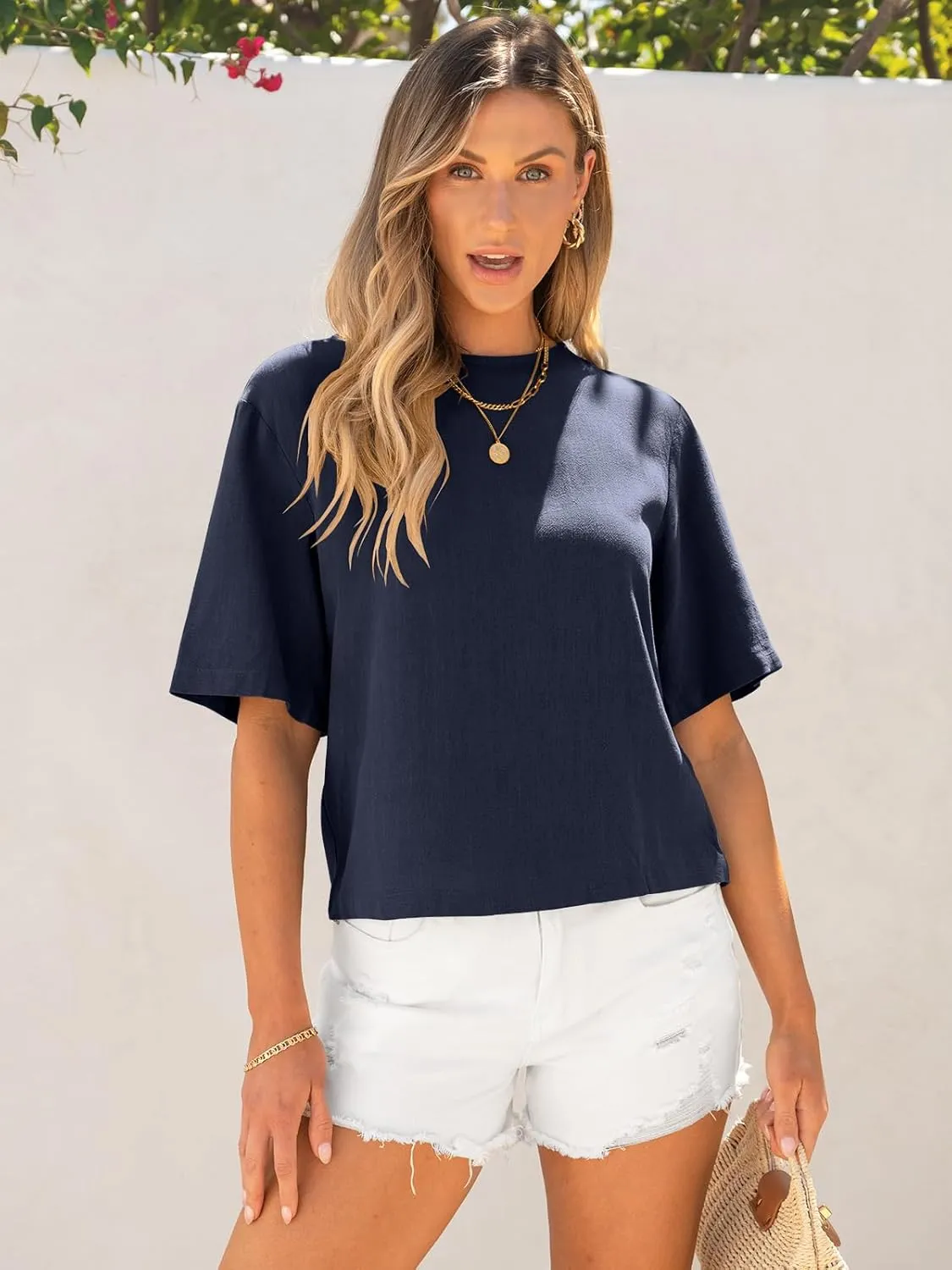 ANRABESS Women Linen Shirts Short Sleeve Oversized Casual Loose Crop Tops Tshirts Summer Cute Tees Outfits Blouse 2025