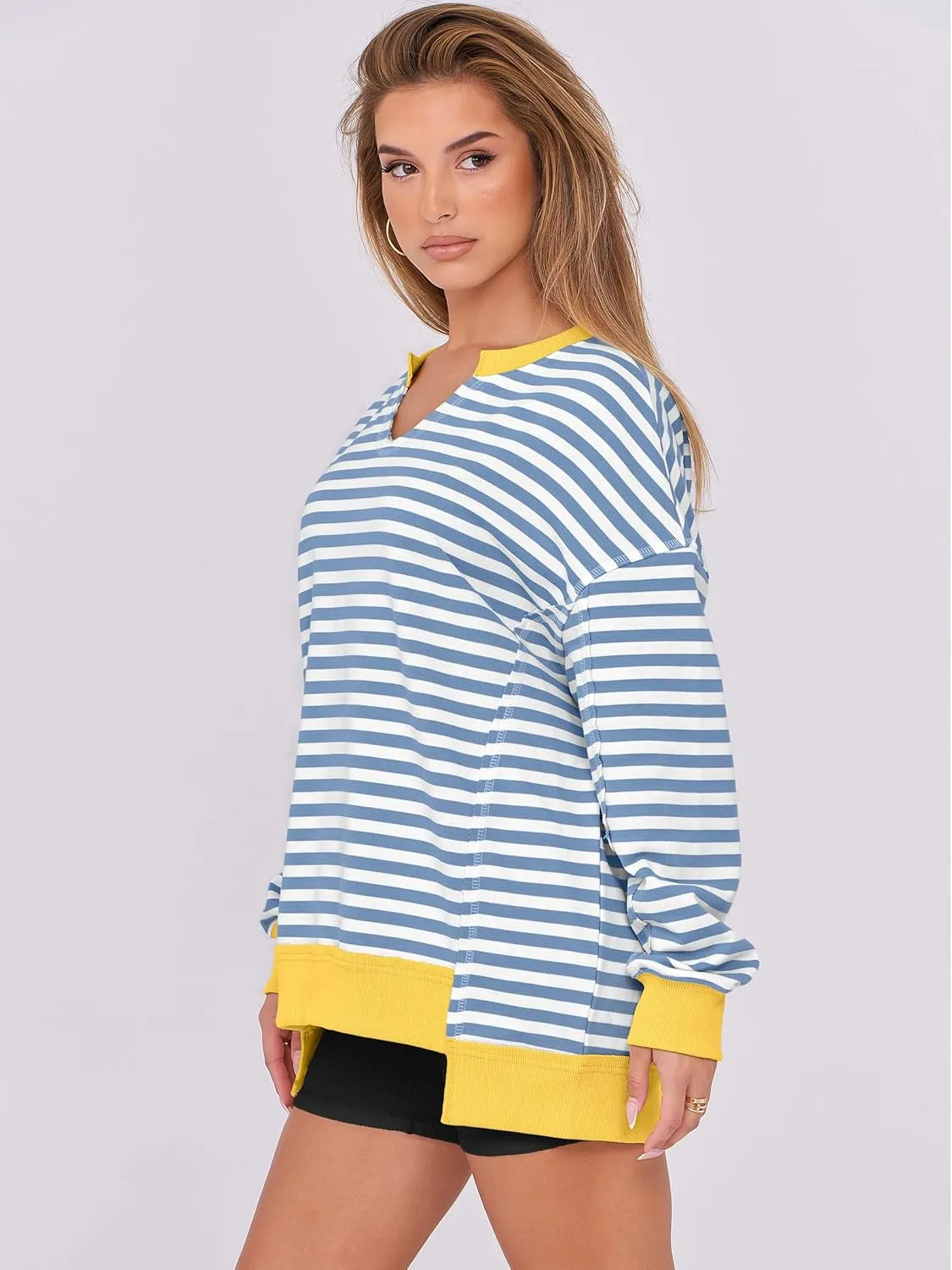 ANRABESS Womens Oversized Sweatshirts V Neck Long Sleeve Tunic Lightweight Pullover Shirts 2025 Fall Tops Teen Girls Outfits