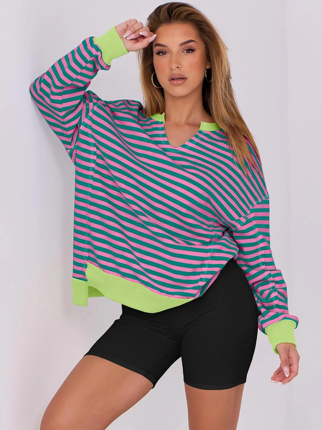 ANRABESS Womens Oversized Sweatshirts V Neck Long Sleeve Tunic Lightweight Pullover Shirts 2025 Fall Tops Teen Girls Outfits
