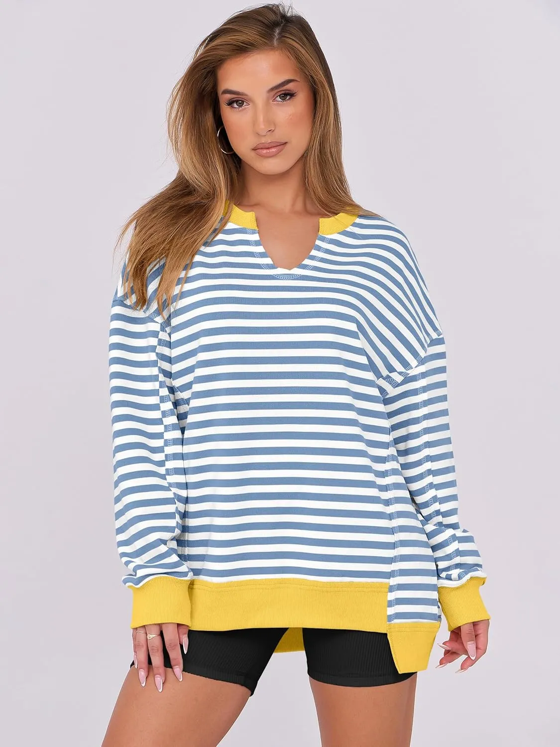ANRABESS Womens Oversized Sweatshirts V Neck Long Sleeve Tunic Lightweight Pullover Shirts 2025 Fall Tops Teen Girls Outfits