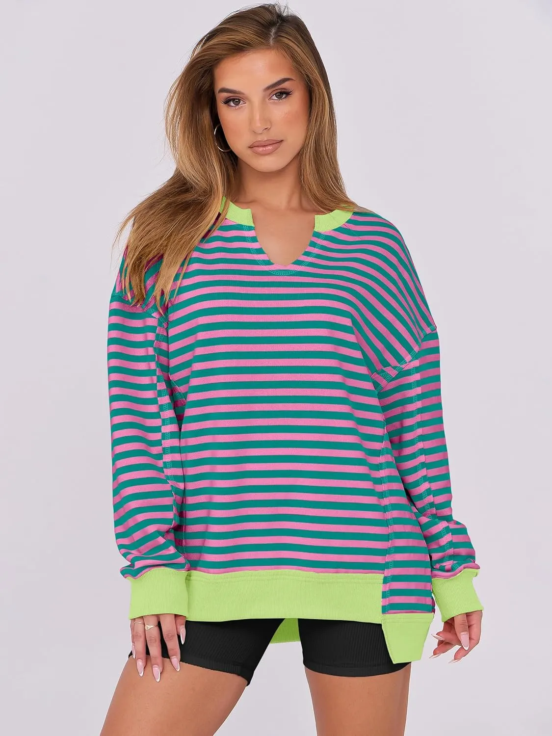 ANRABESS Womens Oversized Sweatshirts V Neck Long Sleeve Tunic Lightweight Pullover Shirts 2025 Fall Tops Teen Girls Outfits