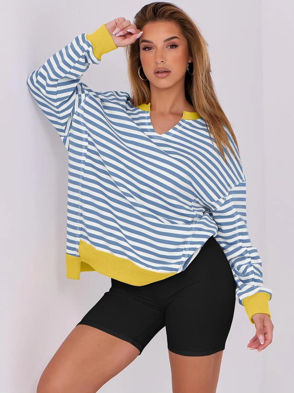 ANRABESS Womens Oversized Sweatshirts V Neck Long Sleeve Tunic Lightweight Pullover Shirts 2025 Fall Tops Teen Girls Outfits