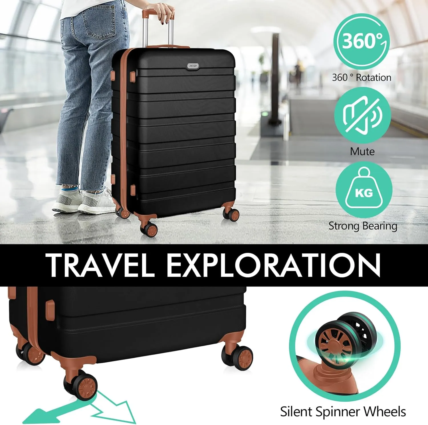 AnyZip Luggage PC ABS Hardside Lightweight Suitcase with 4 Universal Wheels TSA Lock Carry-On 20 Inch Black Brown