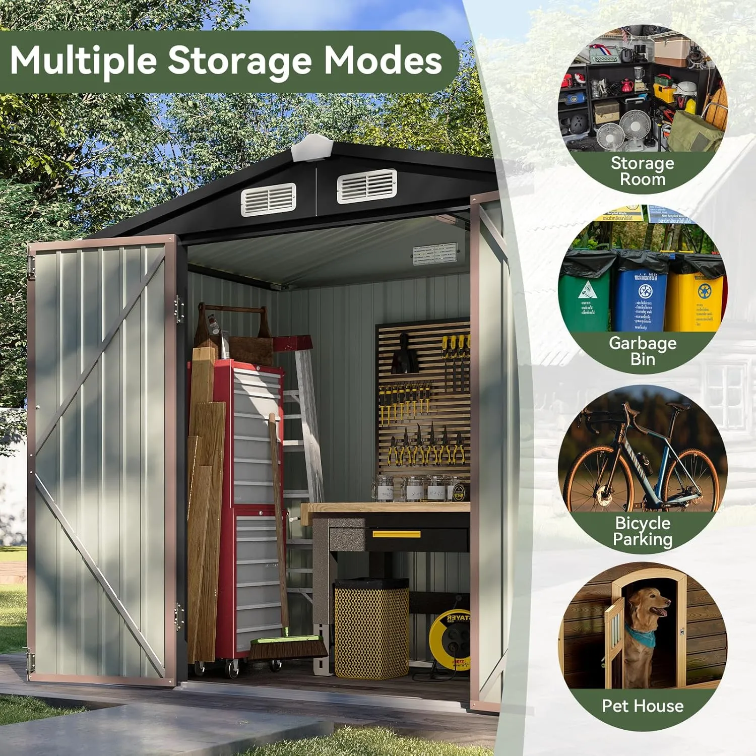 Aoxun 6.2x4 FT Shed Outdoor Storage Shed Metal Garden Shed with Lockable Doors & Slooping Roof Tool Shed Bike Shed for Backyard, Patio, Poolside (Brown)