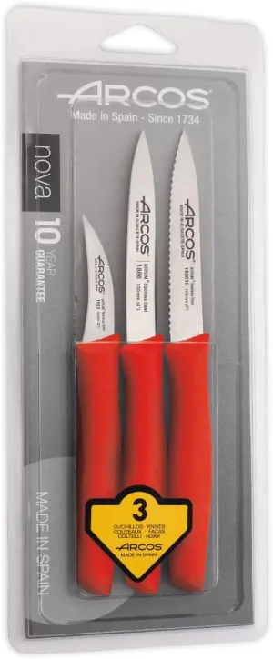 Arcos 3 Pieces Paring Knife Set. 3 Peeling Knives of Stainless Steel and Ergonomic Polypropylene Handle for Cutting Fruits, Vegetables and Tubers. Series Nova. Color Red