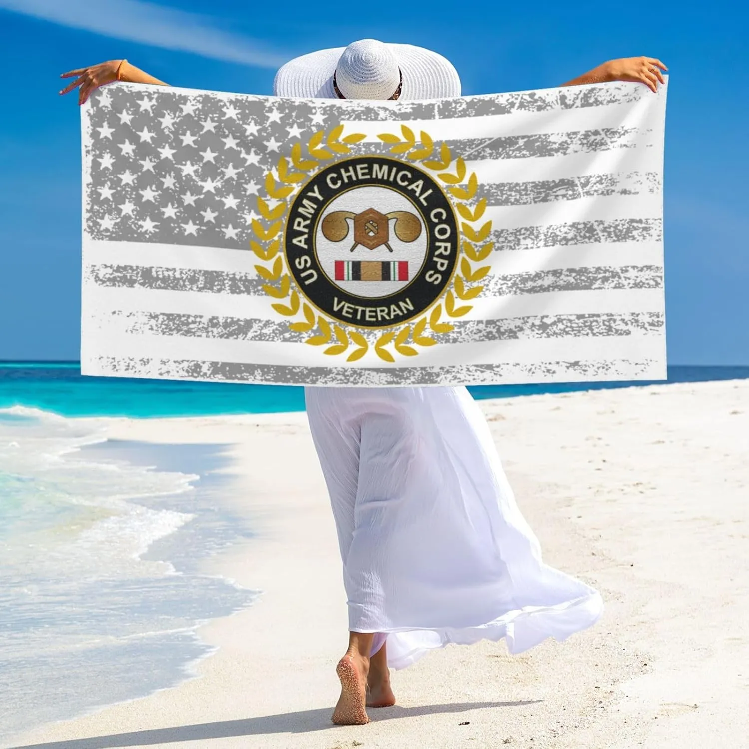 Army Veteran Chemical Corps Beach Towel 27.5x55 Inches - Ultra Soft Quick Dry Sand Towel, Lightweight Large Bath Towel for Pool, Summer, Travel (American Flag)